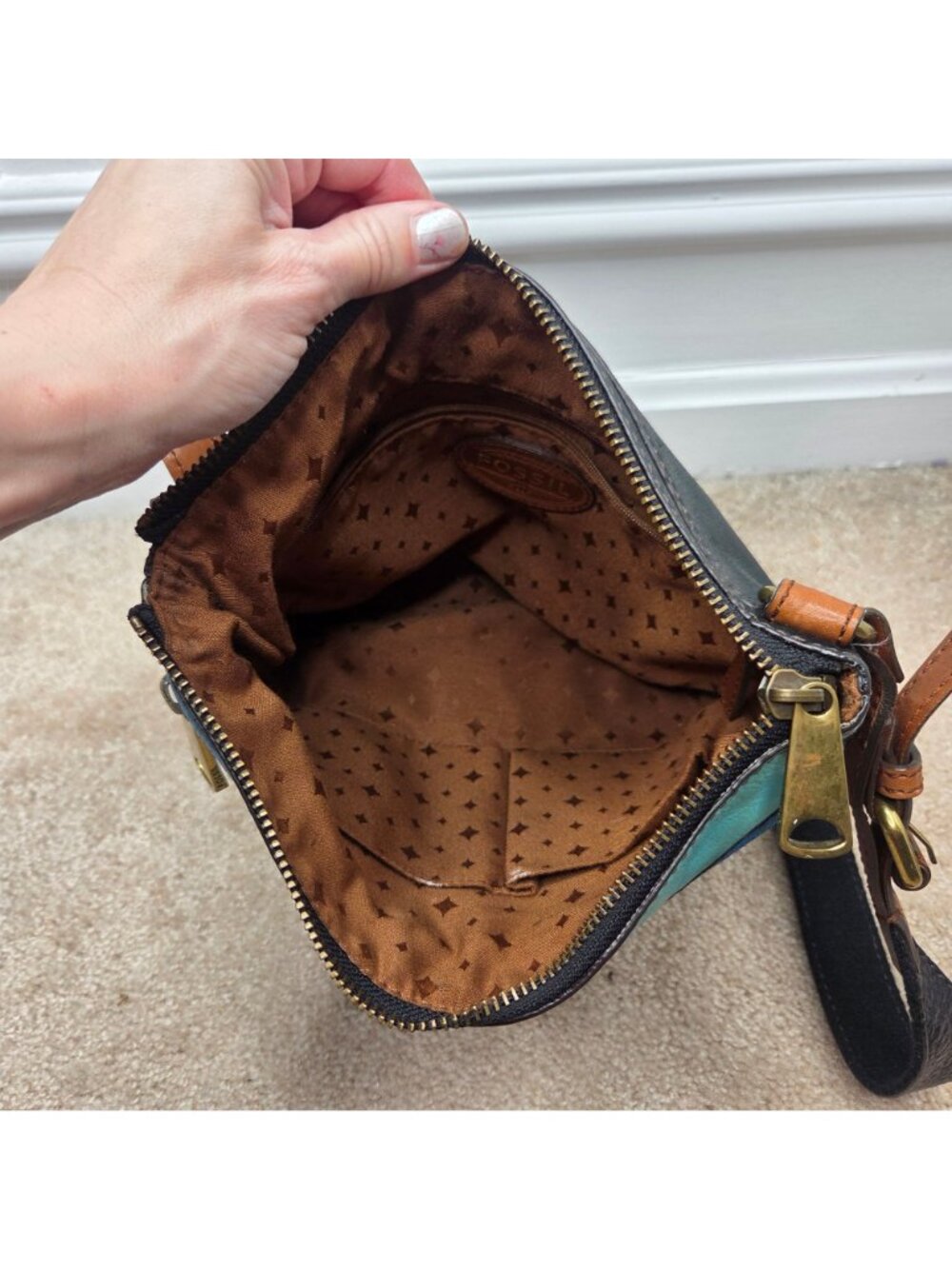 Fossil Explorer Blue Black Leather Crossbody Bag Shoulder Purse Women's - Picture 4 of 7